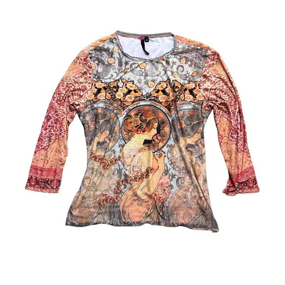 Y2K VTG. MADE IN USA ART NOUVEAU ALL OVER PRINT  NU CONSTRUCTION TOP MEDIUM‎ EUC - Picture 4 of 9